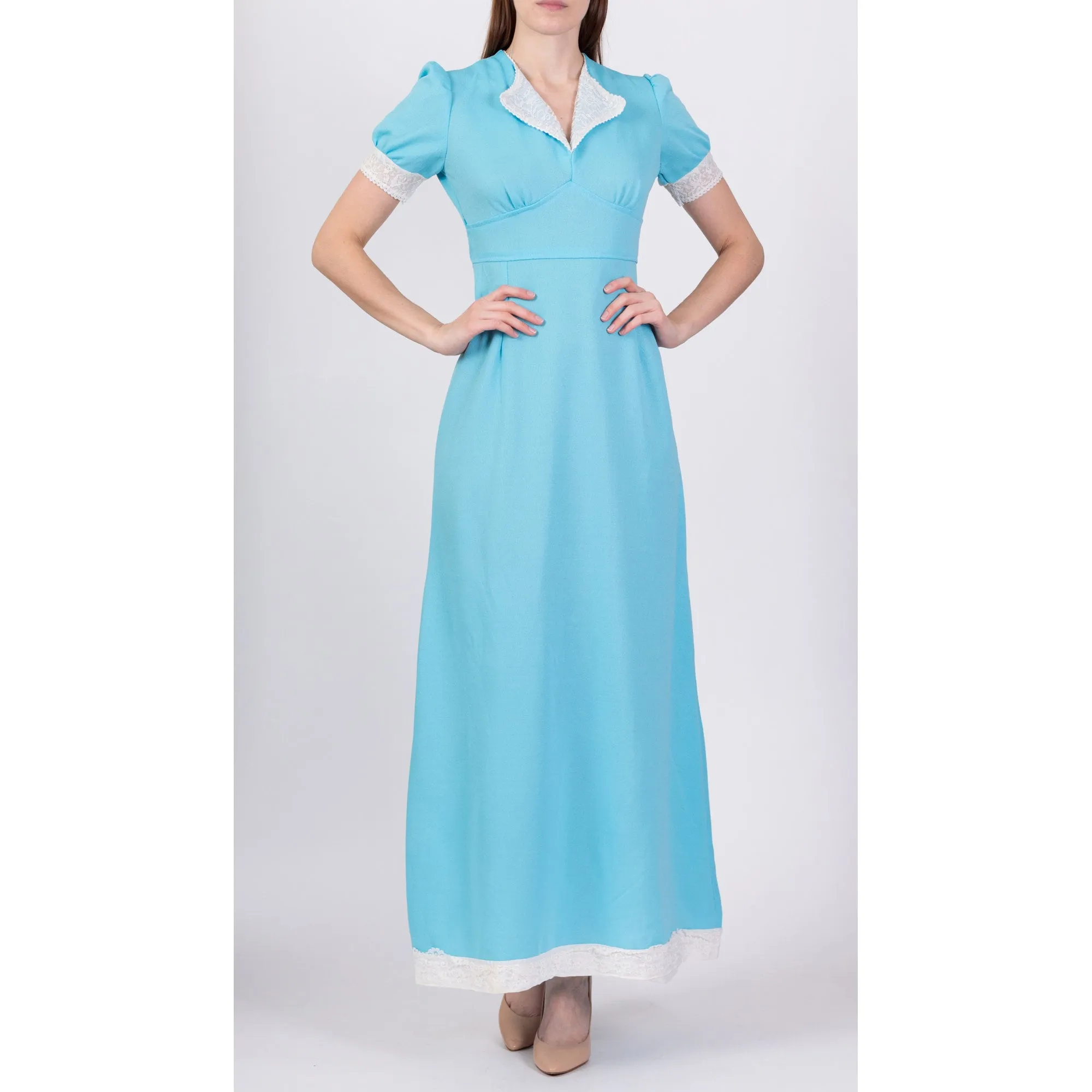 60s 70s Blue Puff Sleeve Prairie Maxi Dress - Small