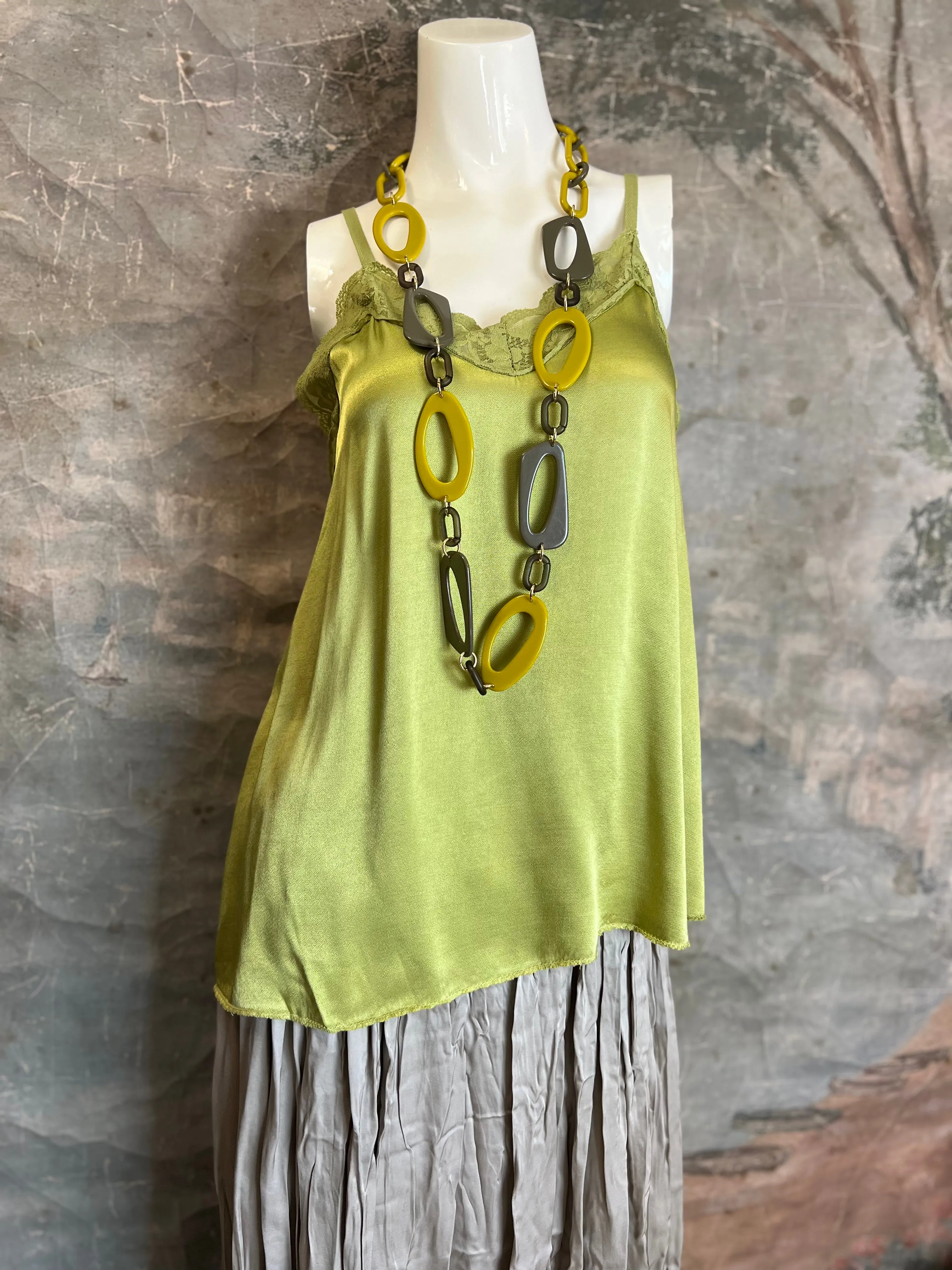 811173CY Satin Luna Tank w/Lace-Avocado