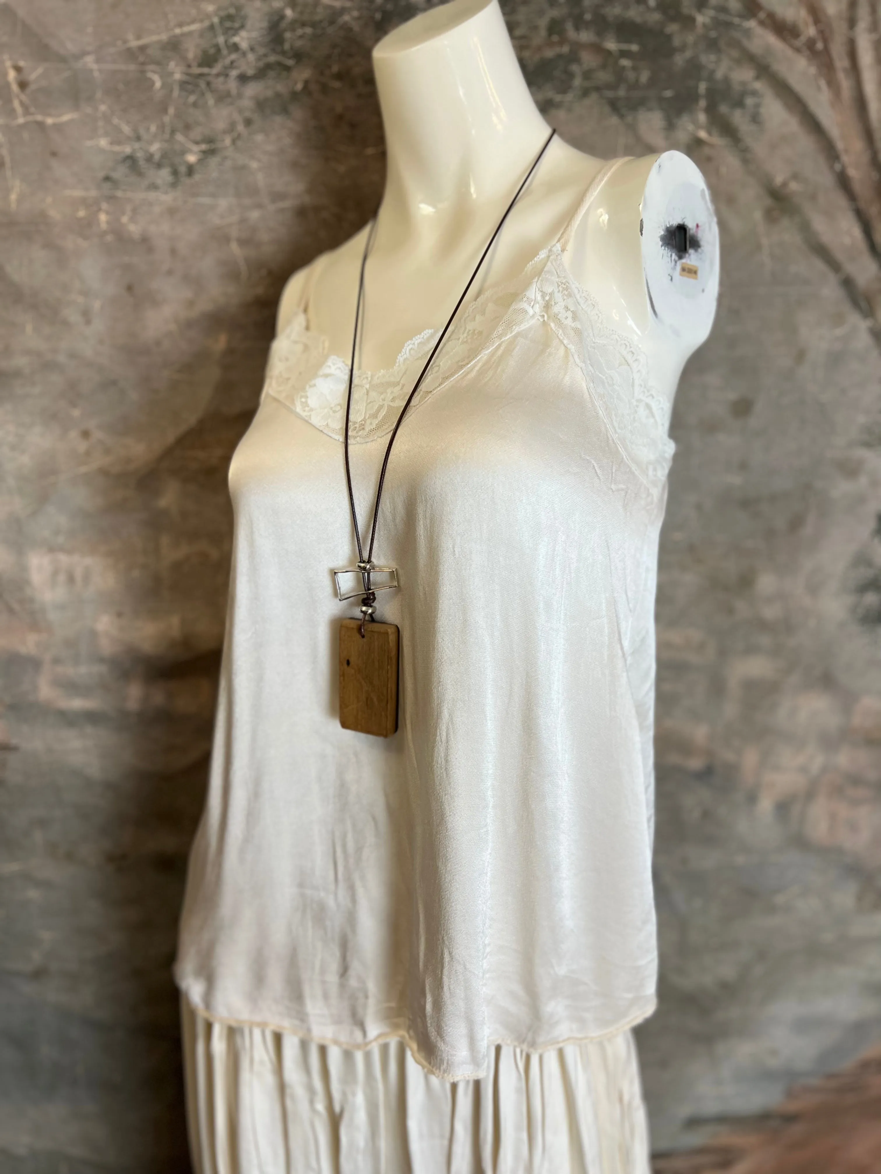 811173CY Satin Luna Tank w/Lace-Ivory
