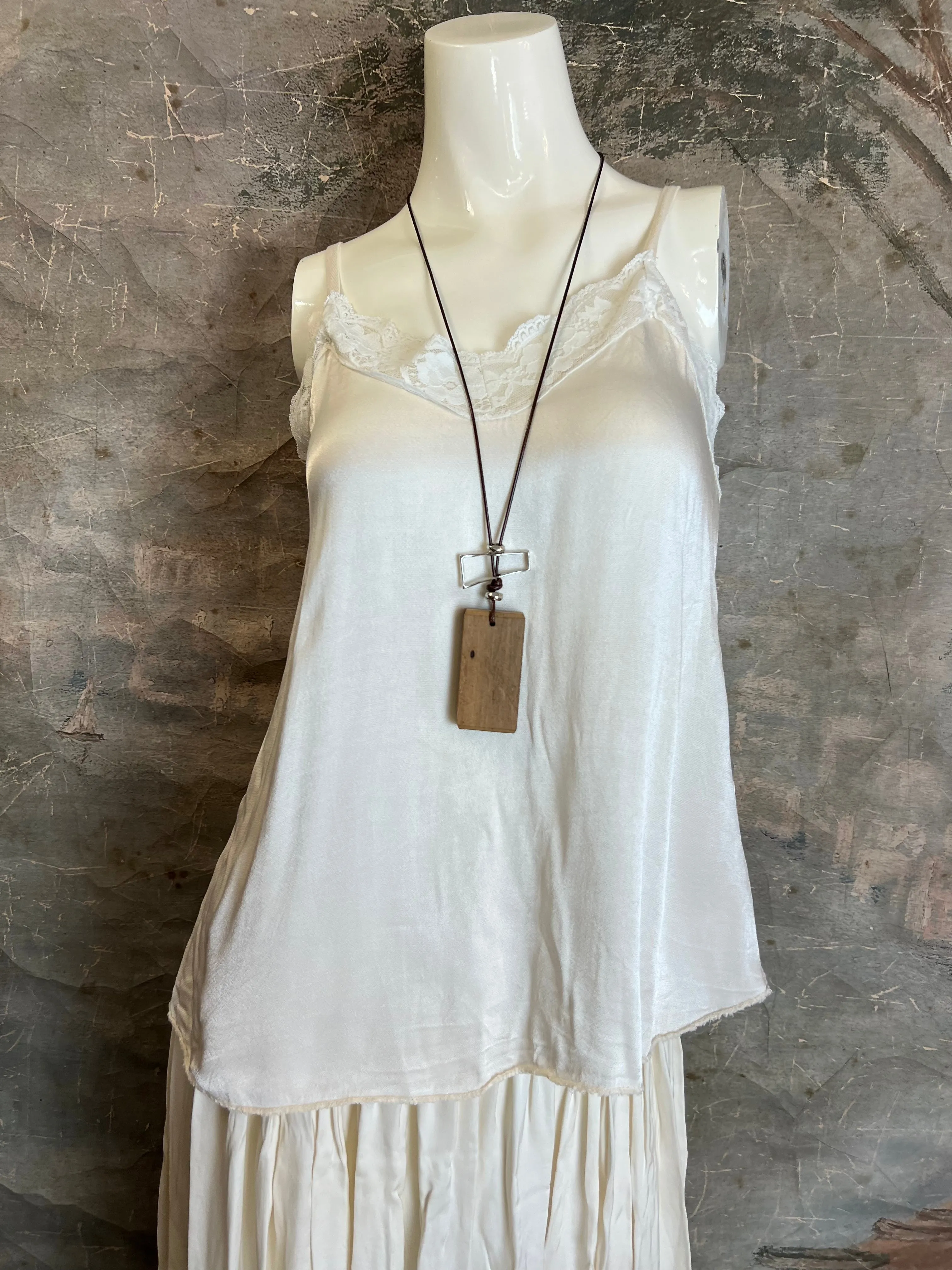 811173CY Satin Luna Tank w/Lace-Ivory