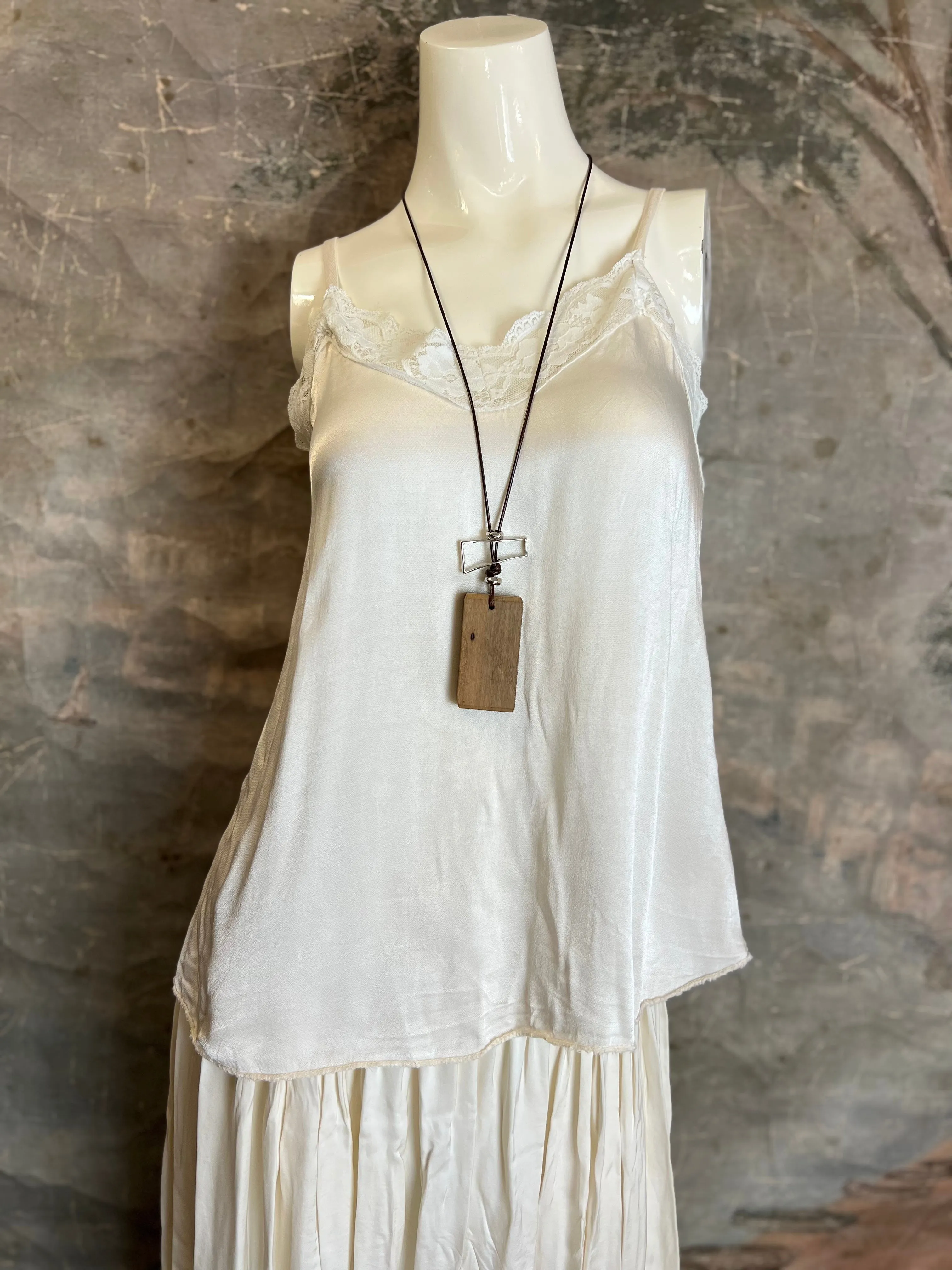 811173CY Satin Luna Tank w/Lace-Ivory
