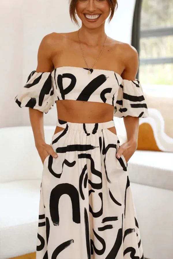 Allegra Doodle Printed Off Shoulder Crop Top and Pocketed Cutout Maxi Skirt Set