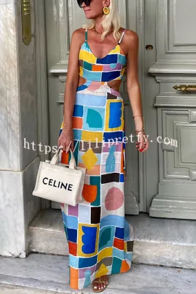 Alma Linen Blend Colorful Unique Print Cutout Back Tie-up Maxi Dress