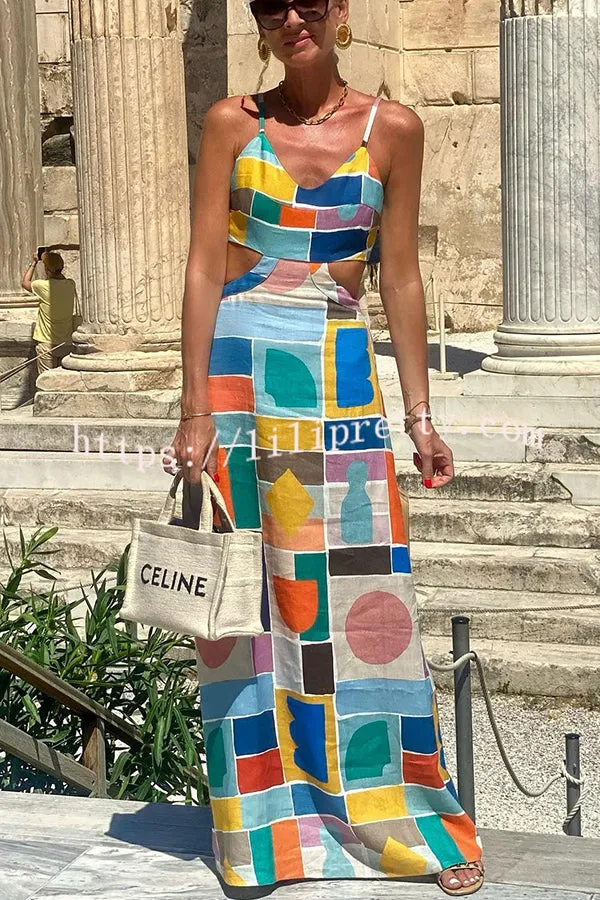 Alma Linen Blend Colorful Unique Print Cutout Back Tie-up Maxi Dress