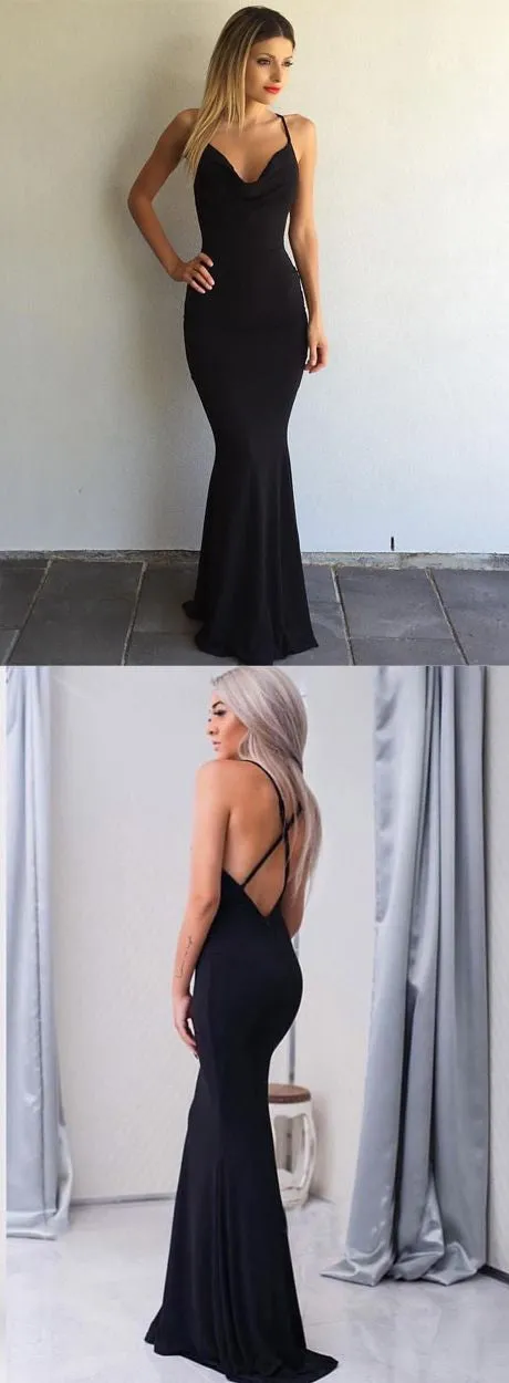 Backless Spaghetti Strap Mermaid Fitted Black Prom Dress