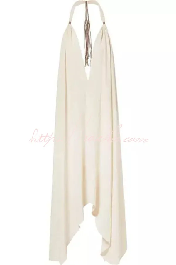 Bali Dreams Linen Blend Leather Tassel Design Halter Backless Beach Maxi Dress