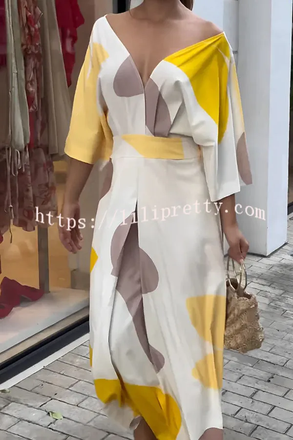 Beautiful Unique Printed V Neck Pleated High Waisted Maxi Dress