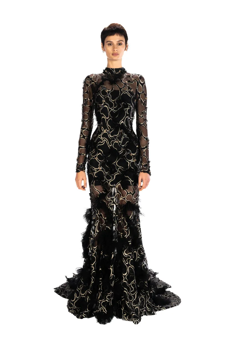 BLACK EMBROIDERED LONG TAIL MAXI DRESS WITH OPEN BACK