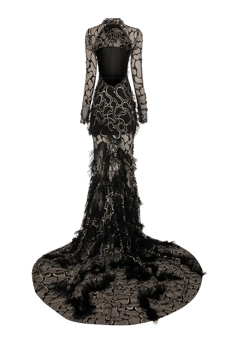 BLACK EMBROIDERED LONG TAIL MAXI DRESS WITH OPEN BACK