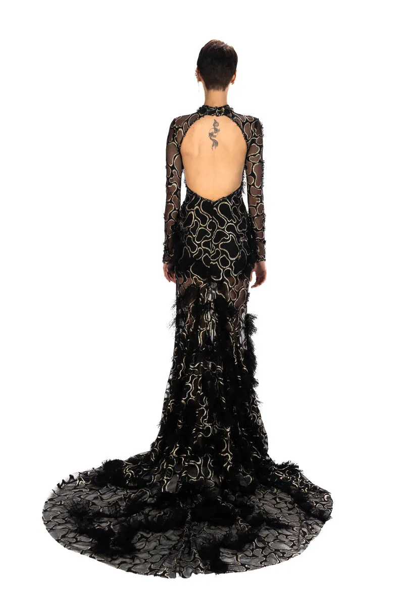 BLACK EMBROIDERED LONG TAIL MAXI DRESS WITH OPEN BACK