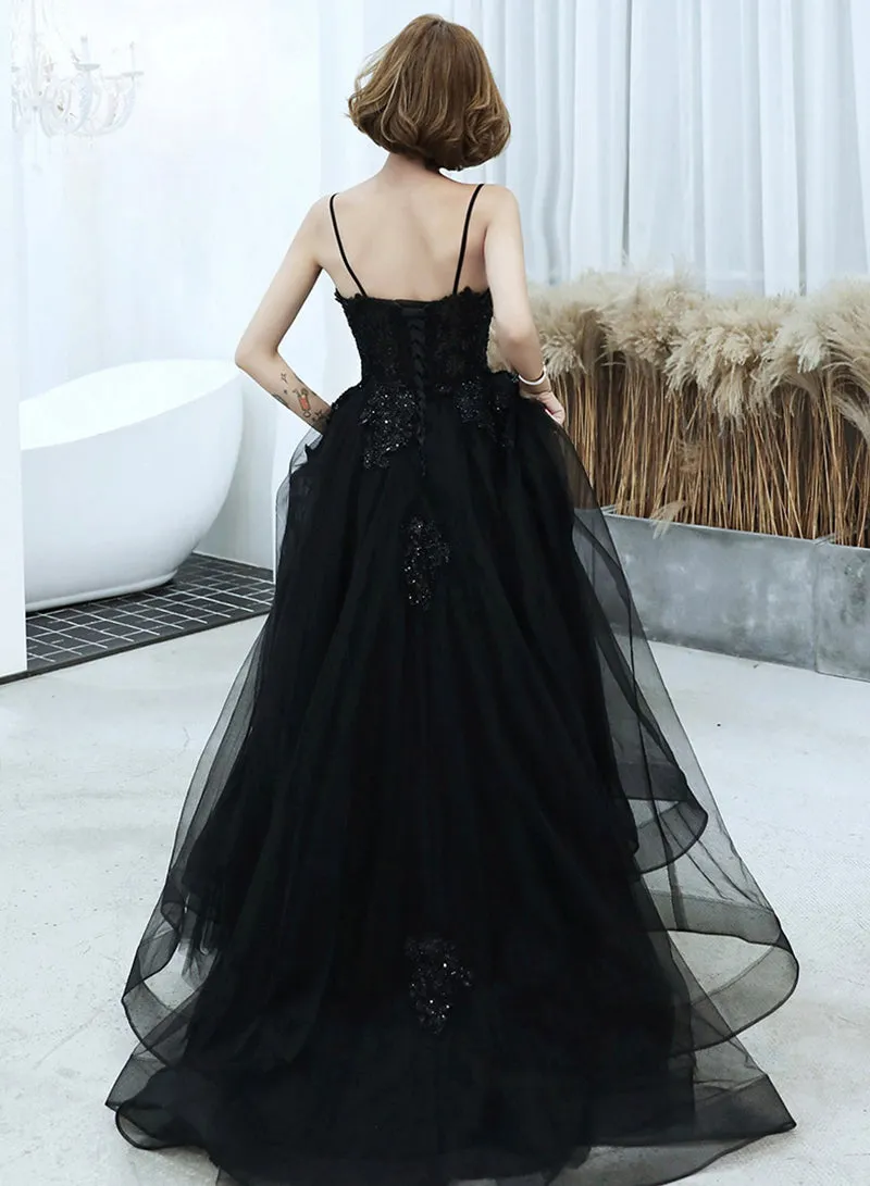 Black Spaghetti Strap Tulle Long Prom Dress, A-Line V-Neck Evening Dress