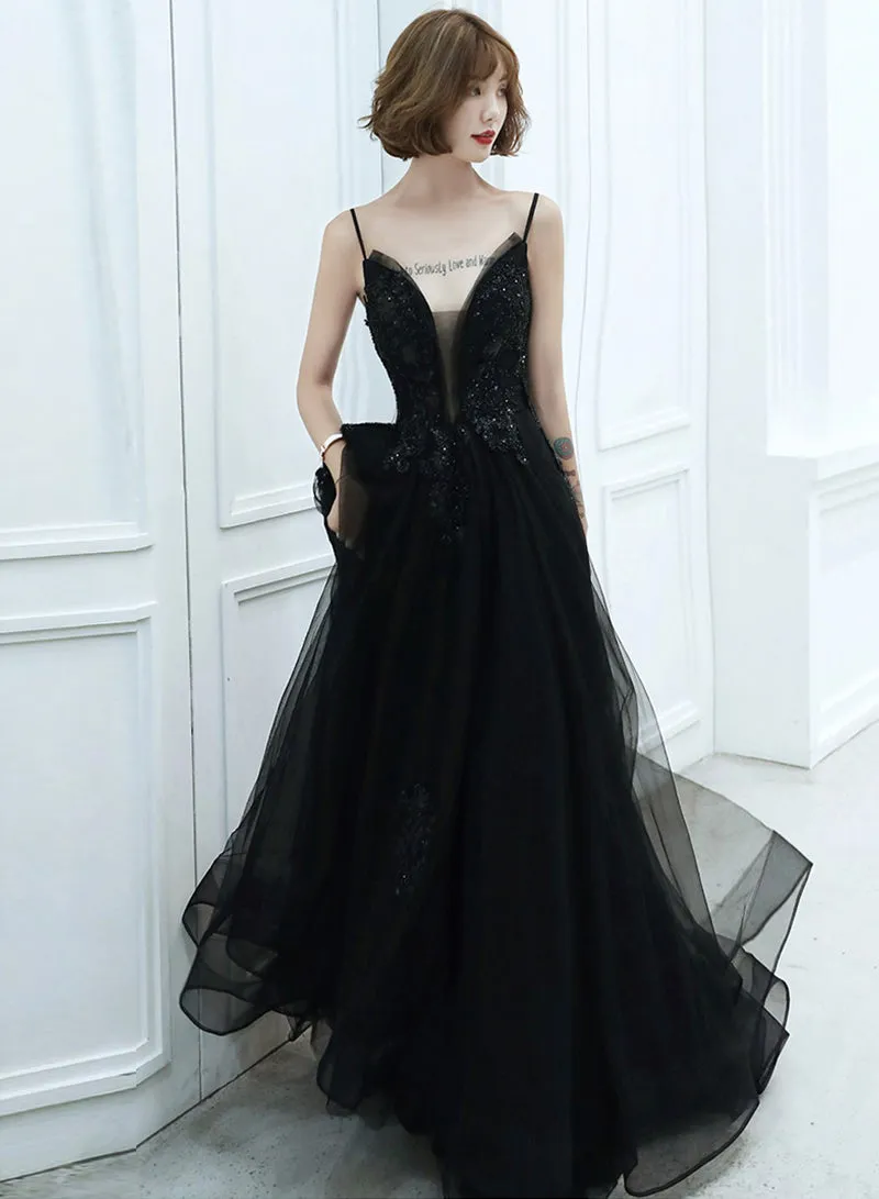 Black Spaghetti Strap Tulle Long Prom Dress, A-Line V-Neck Evening Dress