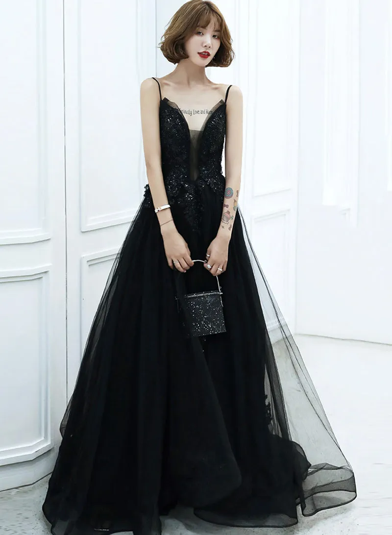 Black Spaghetti Strap Tulle Long Prom Dress, A-Line V-Neck Evening Dress