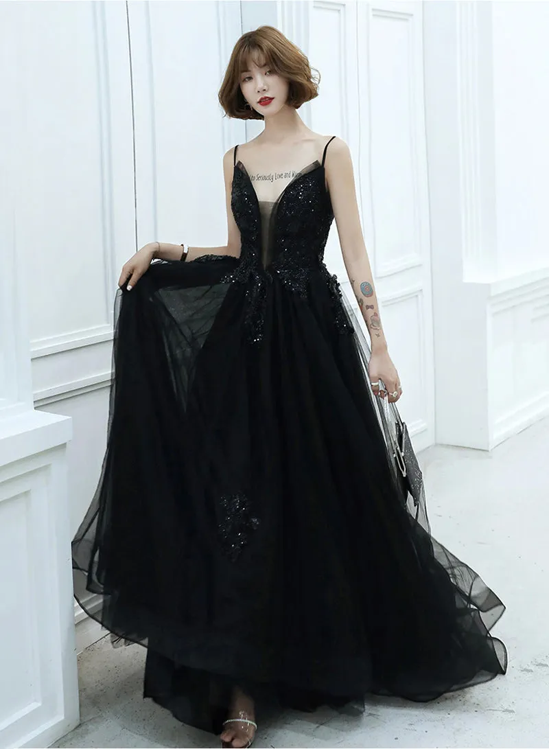 Black Spaghetti Strap Tulle Long Prom Dress, A-Line V-Neck Evening Dress