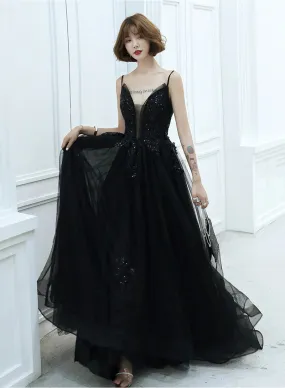 Black Spaghetti Strap Tulle Long Prom Dress, A-Line V-Neck Evening Dress