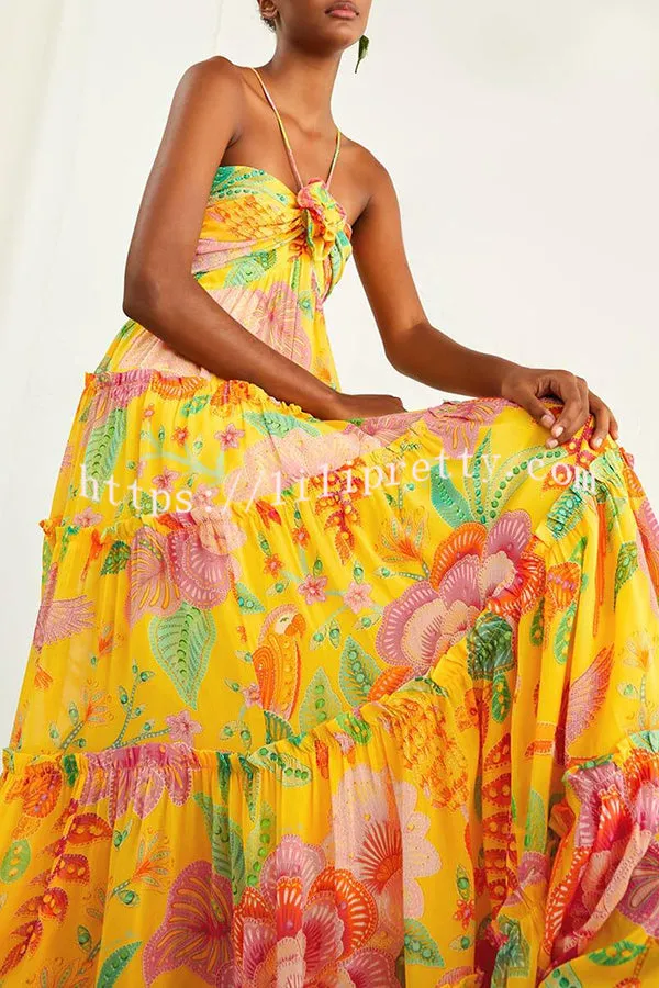 Blossom Feelings Printed Flower Design Halter A-line Maxi Dress