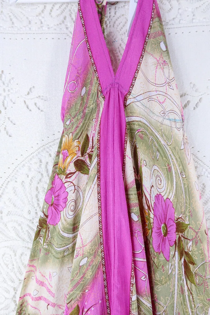 Blossom Halter Maxi Dress - Vintage Sari - Bubble Gum Meadow - Free Size L/XL