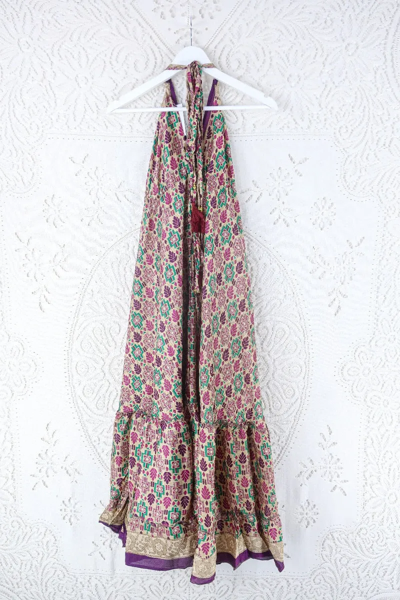 Blossom Halter Maxi Dress - Vintage Sari - Champagne, Plum & Green Mosaic - Free Size M/L