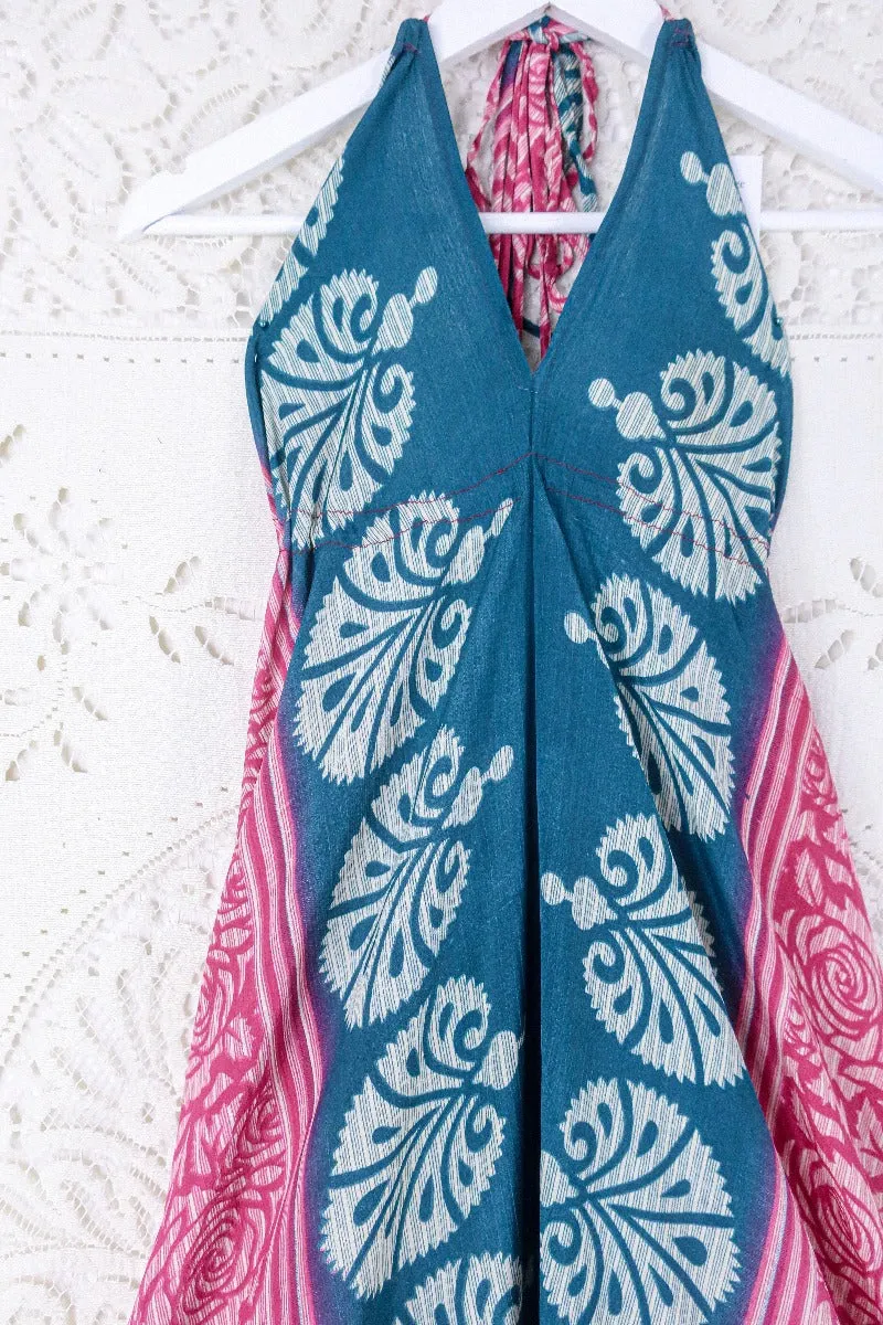 Blossom Halter Maxi Dress - Vintage Sari - Ocean Teal & Rouge Rose Print - Free Size S/M