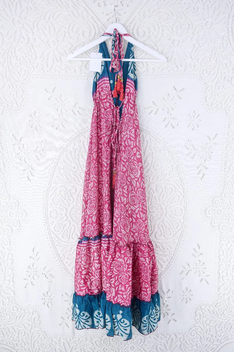 Blossom Halter Maxi Dress - Vintage Sari - Ocean Teal & Rouge Rose Print - Free Size S/M