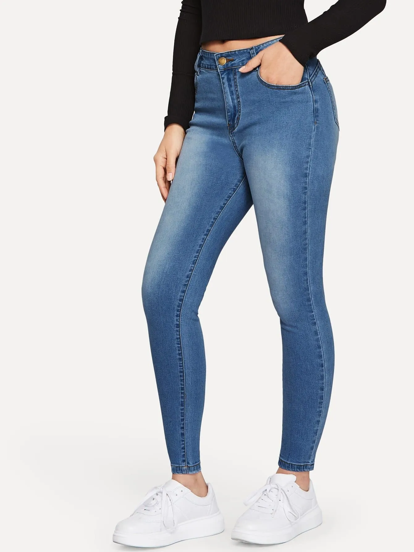 Blue Bleach Wash Pocket Detail Skinny Tapered Jeans