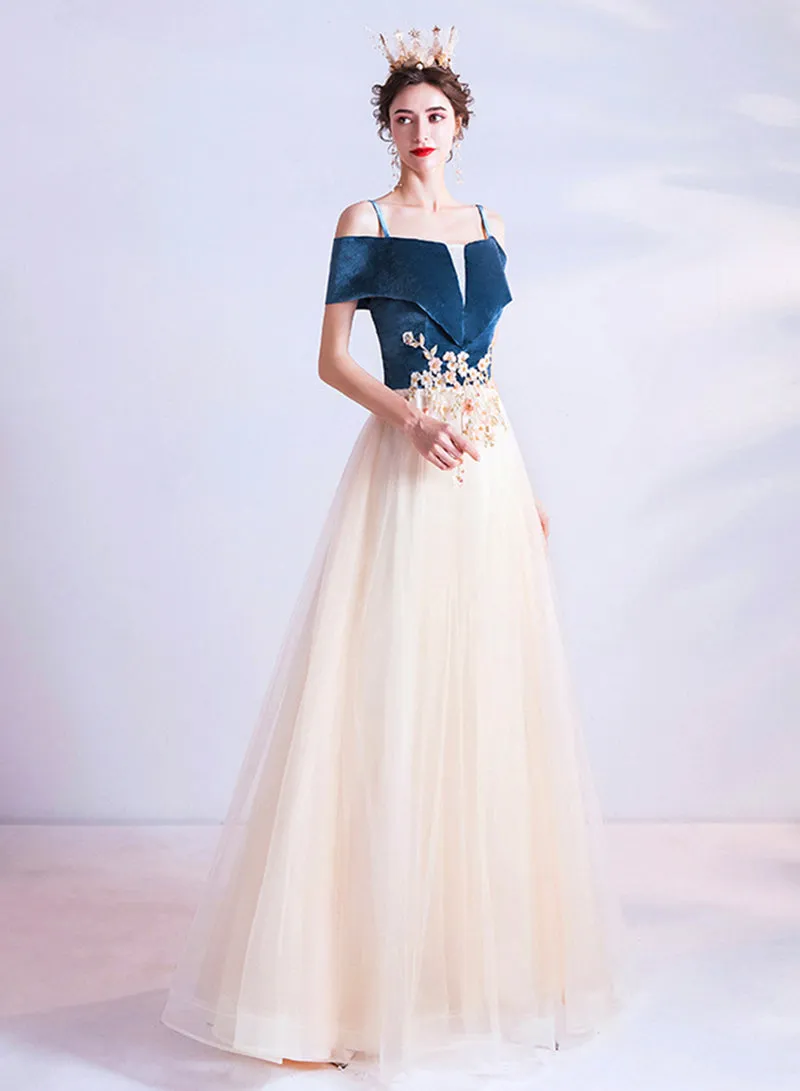 Blue Velvet and Champagne Tulle Long Prom Dress