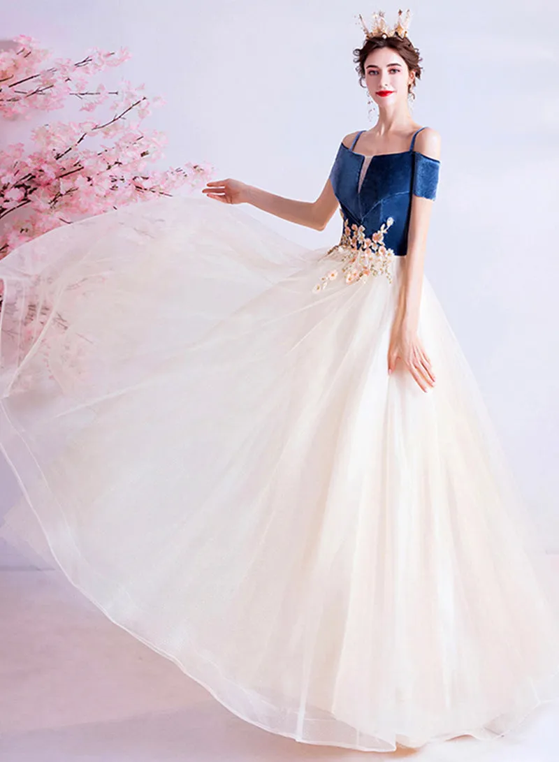 Blue Velvet and Champagne Tulle Long Prom Dress