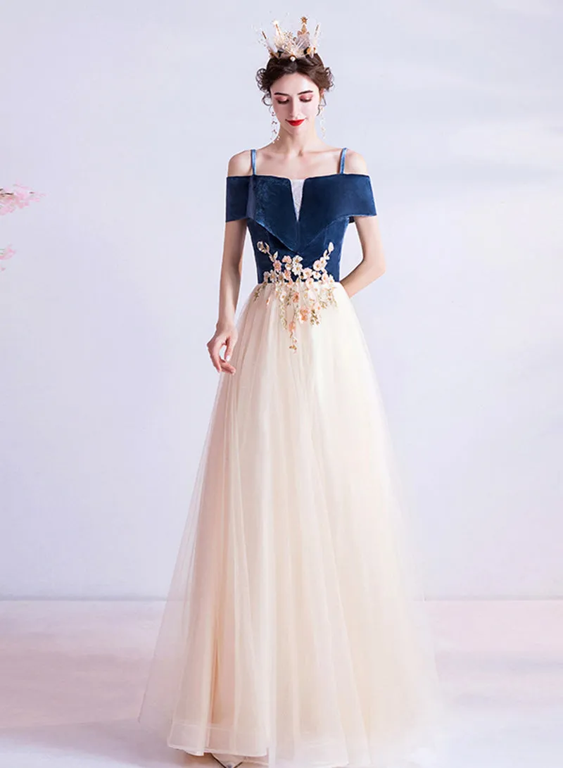Blue Velvet and Champagne Tulle Long Prom Dress