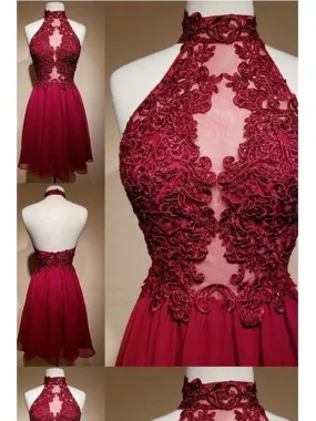 Burgundy Halter See Through Short Homecoming Dress