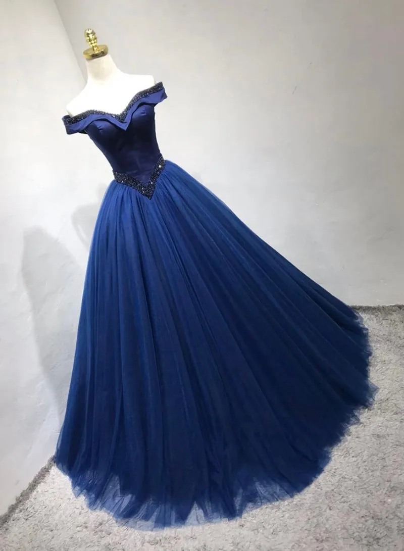 Burgundy Tulle Beaded Long Prom Dress, Burgundy Off the Shoulder Party Dress