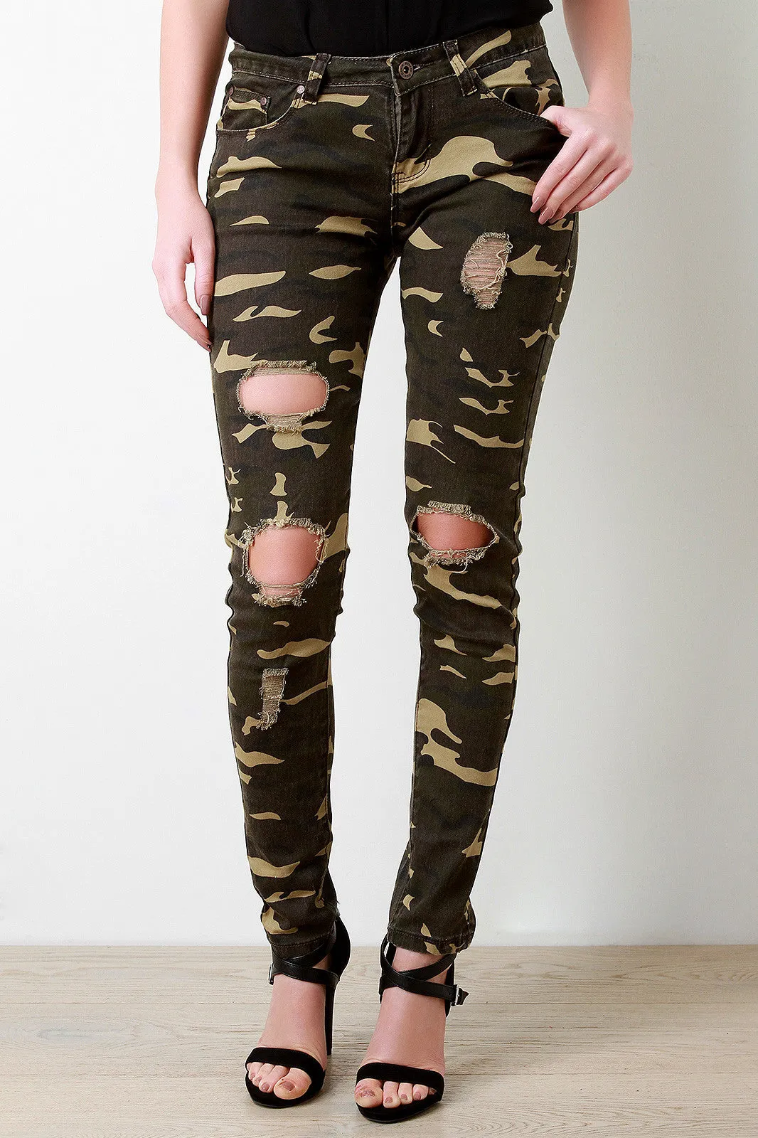 Camo Distressed Knee Hole Skinny Jeans
