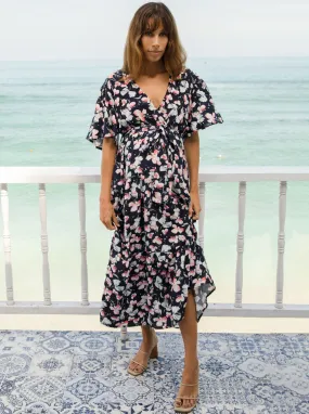 Cara Maternity Baby Shower Dress in Navy Floral Print