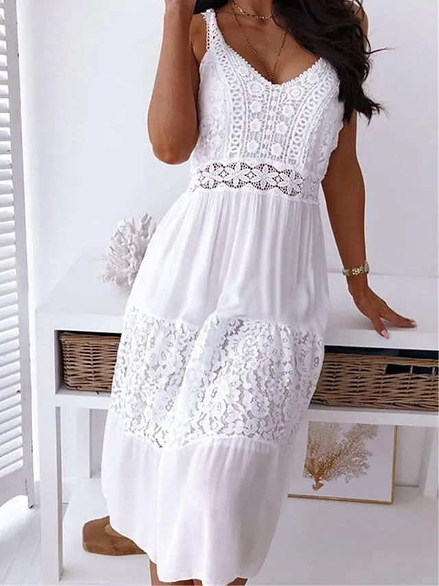 Casual Dress Lace Dress Shift Dress Plain Lace Backless Strap Midi Dress Basic Fashion Outdoor Daily Sleeveless Regular Fit White Spring Summer S M L XL XXL for Women