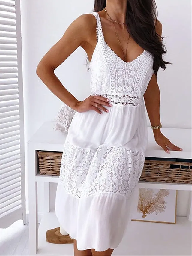 Casual Dress Lace Dress Shift Dress Plain Lace Backless Strap Midi Dress Basic Fashion Outdoor Daily Sleeveless Regular Fit White Spring Summer S M L XL XXL for Women