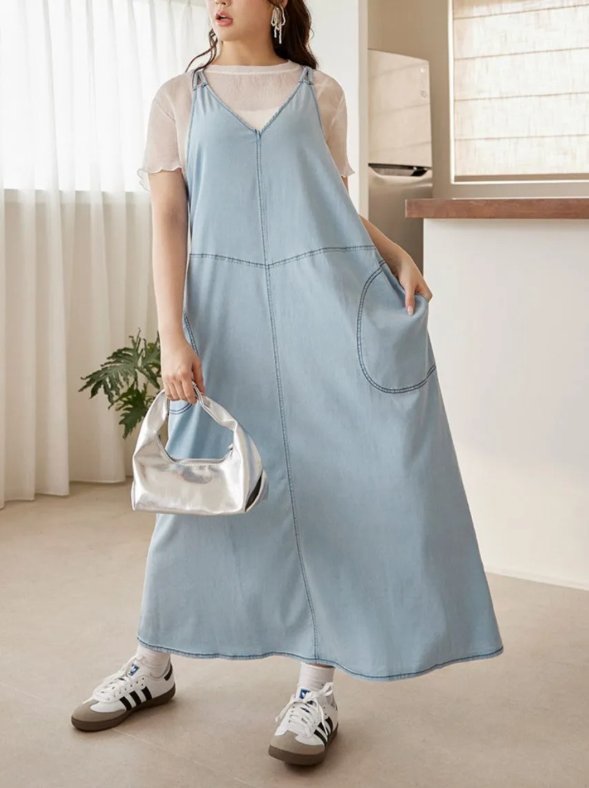 Casual Lightweight Denim Strap Long Maxi Dress
