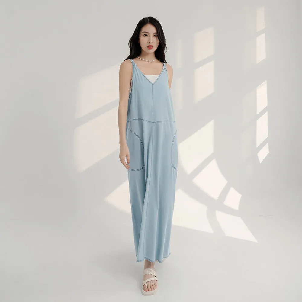 Casual Lightweight Denim Strap Long Maxi Dress