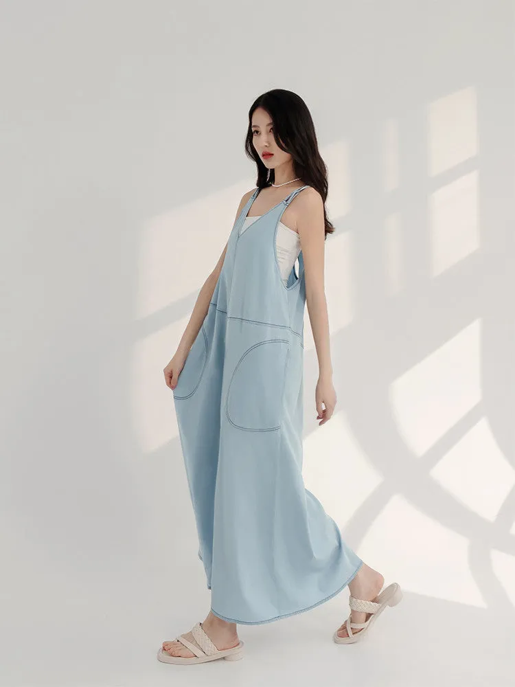 Casual Lightweight Denim Strap Long Maxi Dress