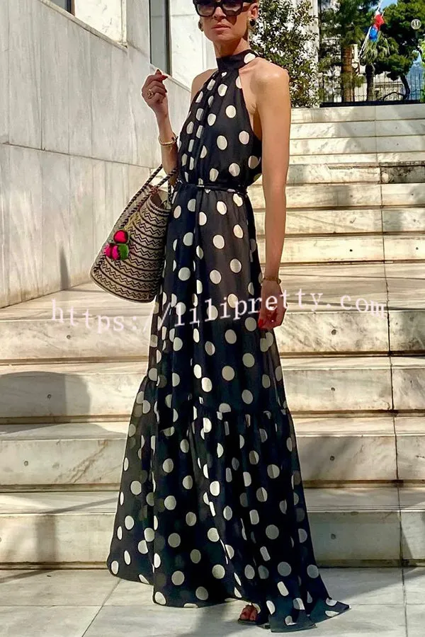 Charming Idea Polka Dots Belted Halter A-line Maxi Dress