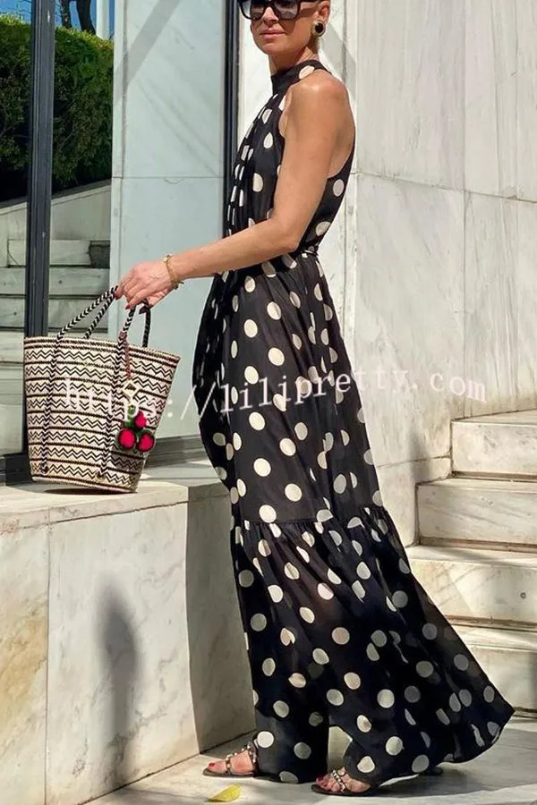 Charming Idea Polka Dots Belted Halter A-line Maxi Dress