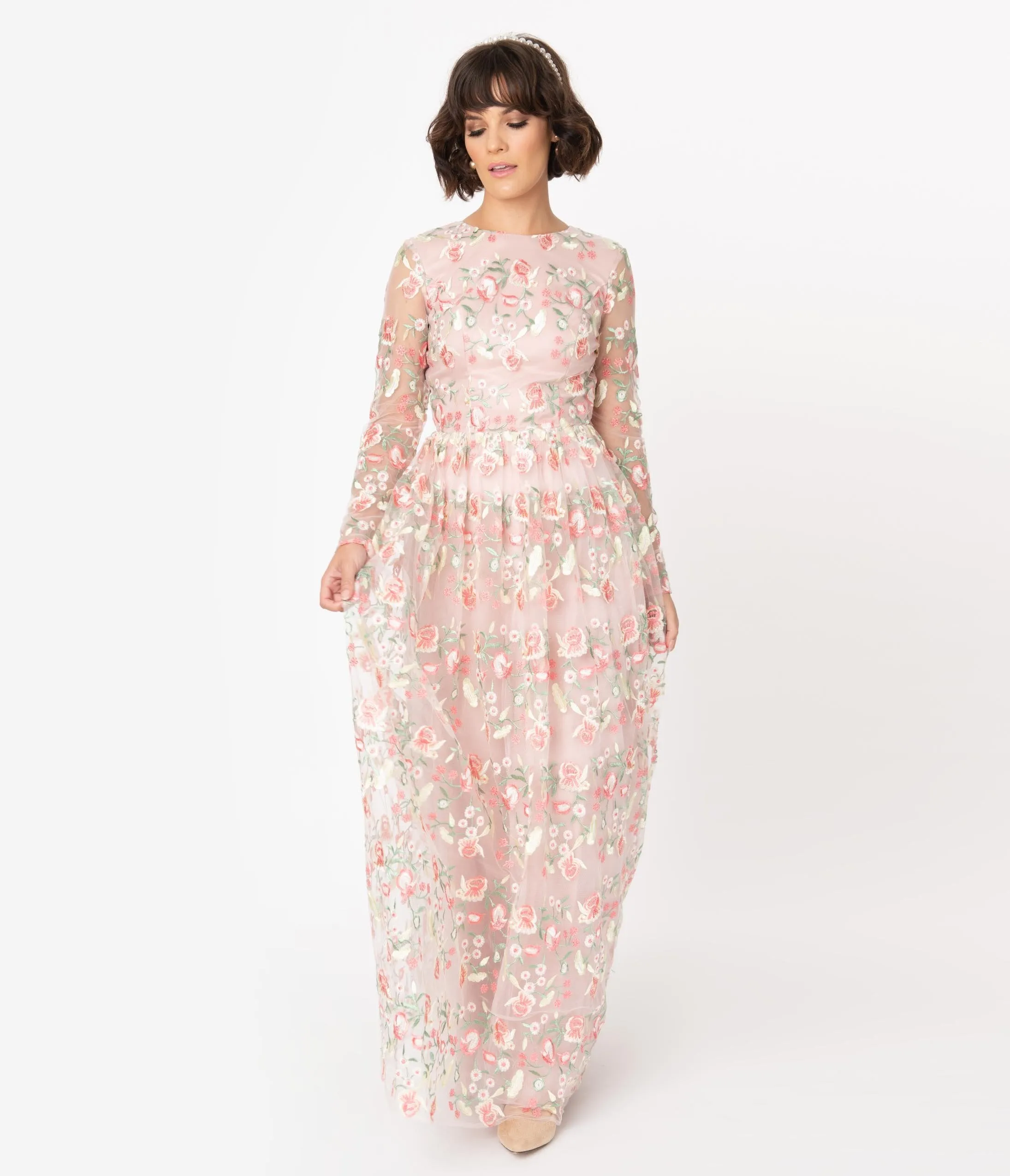 Chi Chi London Blush Pink Embroidered Floral Cina Maxi Dress