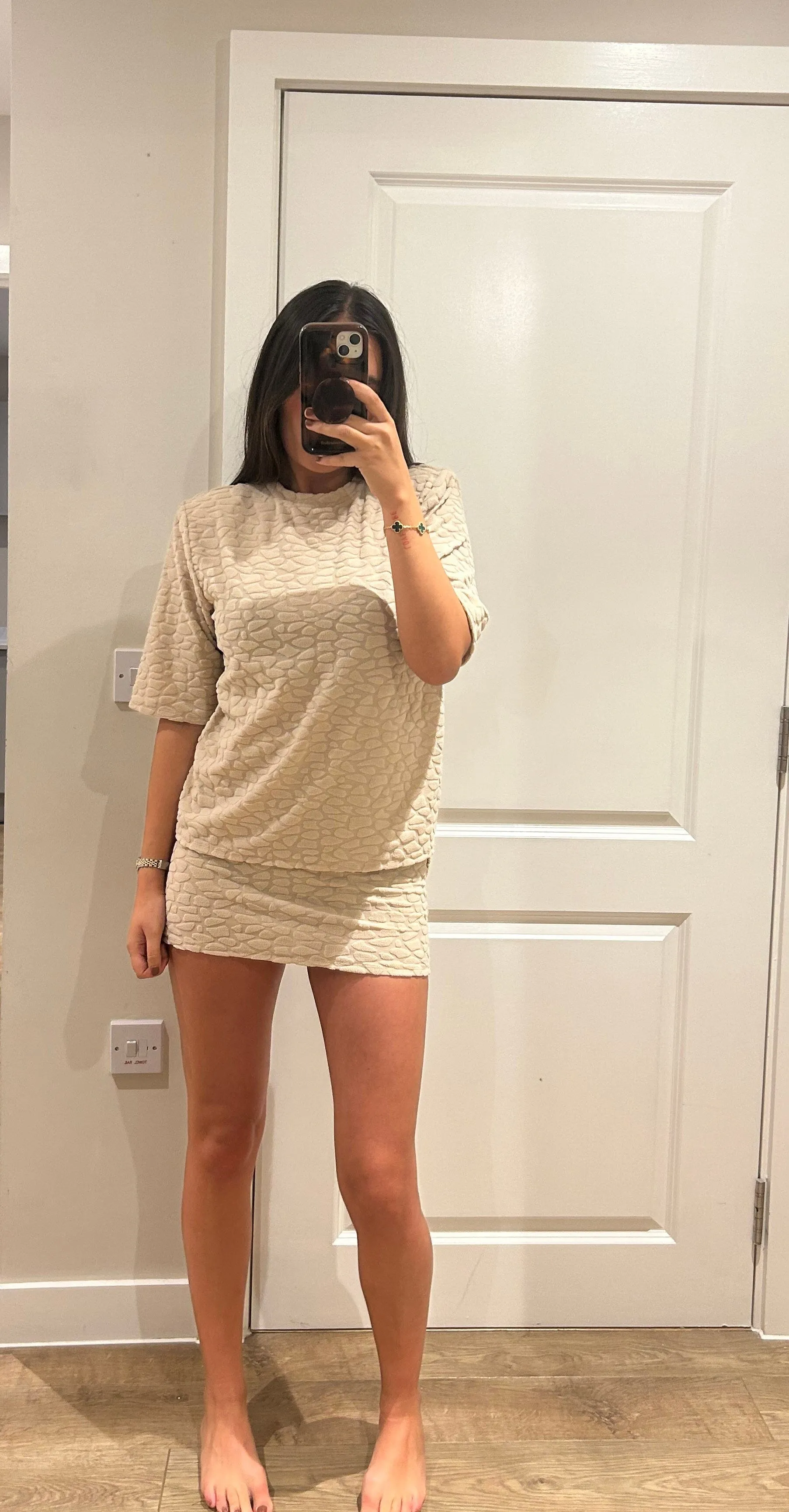 Cream Terry Towelling Pebble Print T-shirt & Mini Skirt
