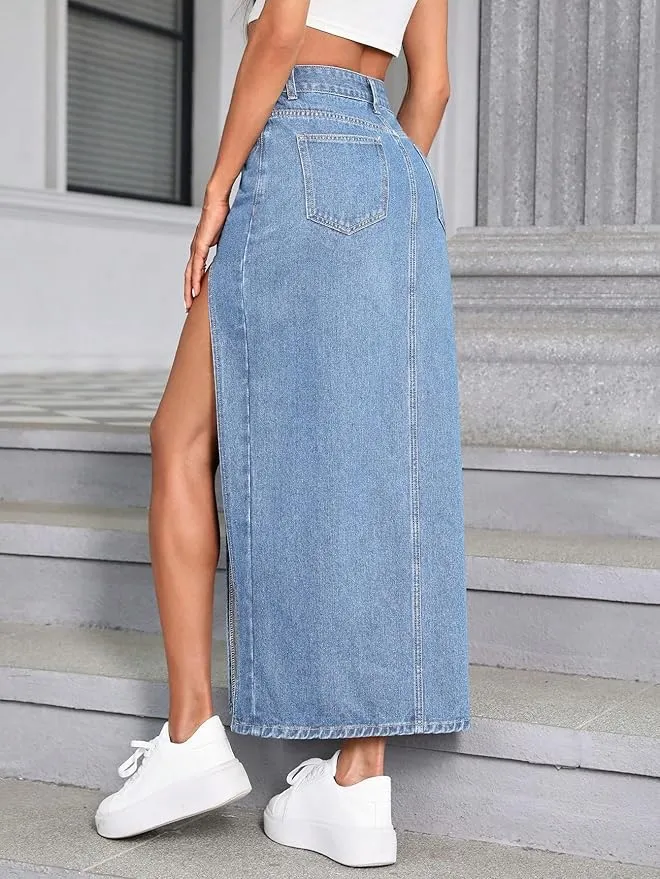 Denim High Rise Maxi Skirt