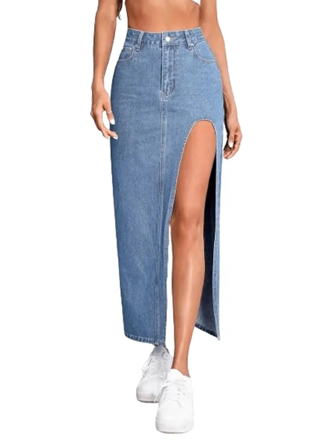 Denim High Rise Maxi Skirt