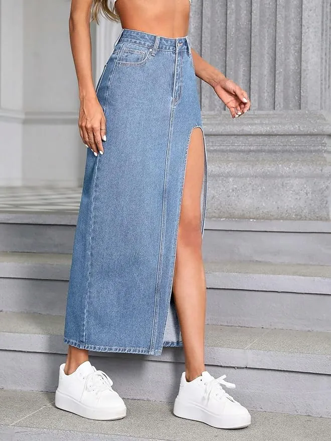 Denim High Rise Maxi Skirt