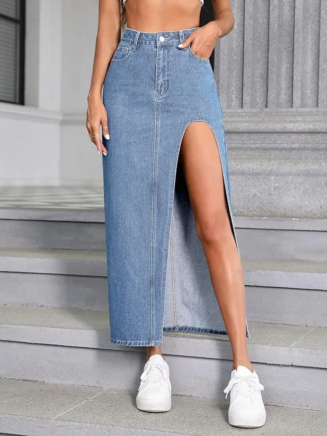 Denim High Rise Maxi Skirt
