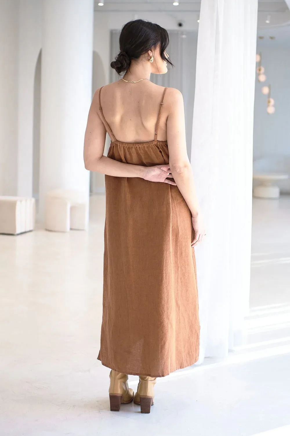 Eadie Lifestyle Midi Linen Slip Dress- Nutmeg