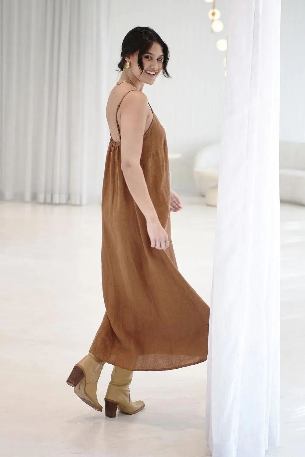Eadie Lifestyle Midi Linen Slip Dress- Nutmeg
