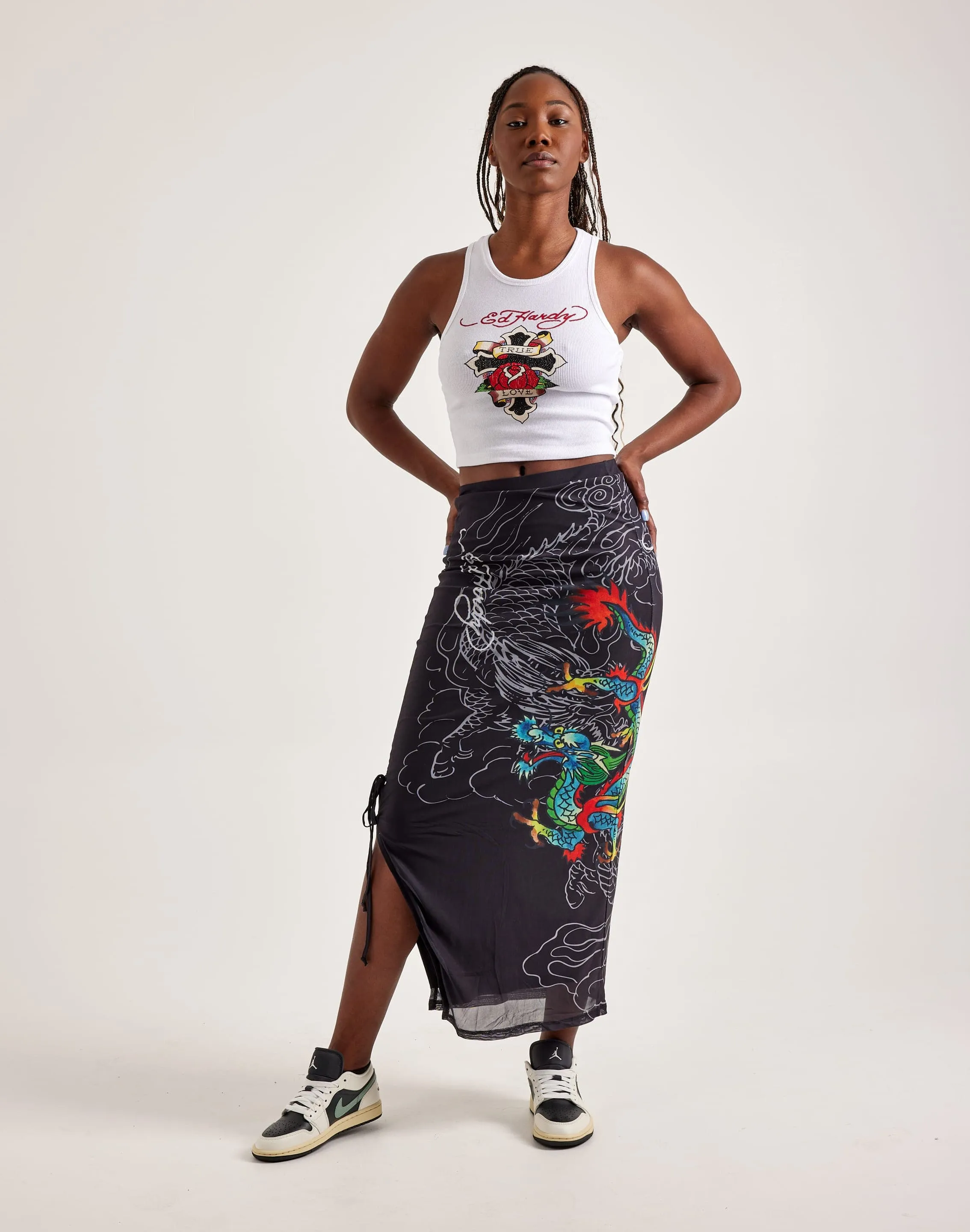 Ed Hardy Dragon Print Mesh Maxi Skirt
