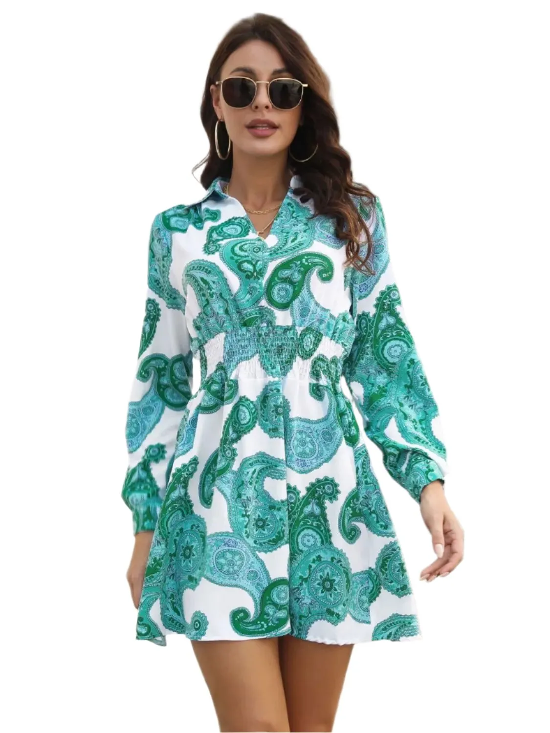 Fashion Women Dress,Paisley Print Johnny Collar Smocked Dress, women dresses spring