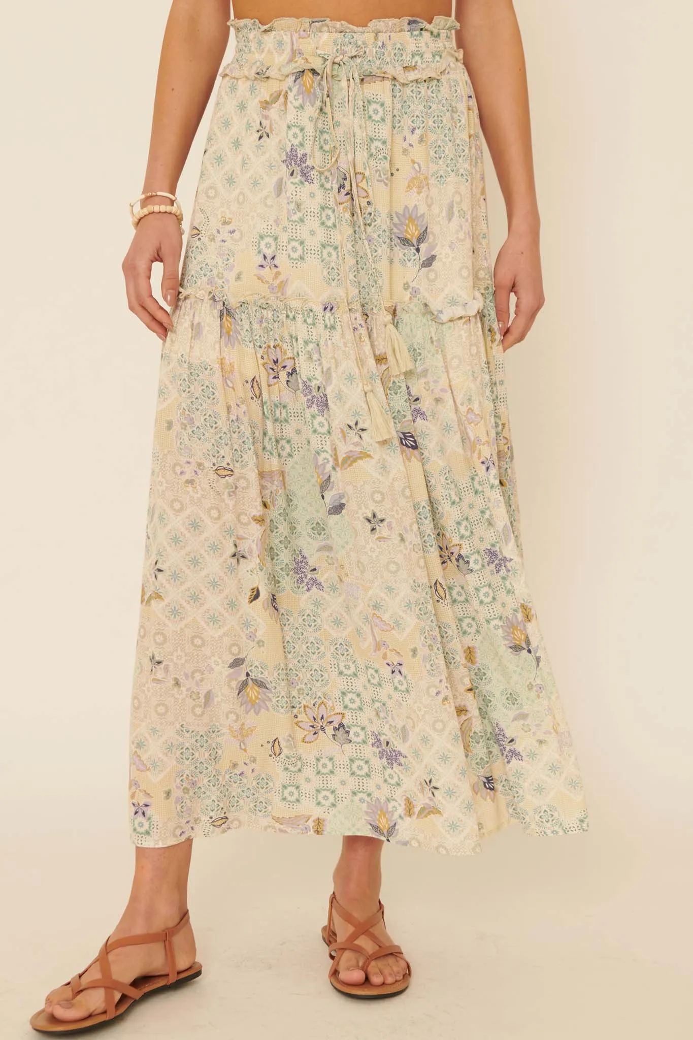 Floral Fantasy Multi-Print Ruffled Maxi Skirt